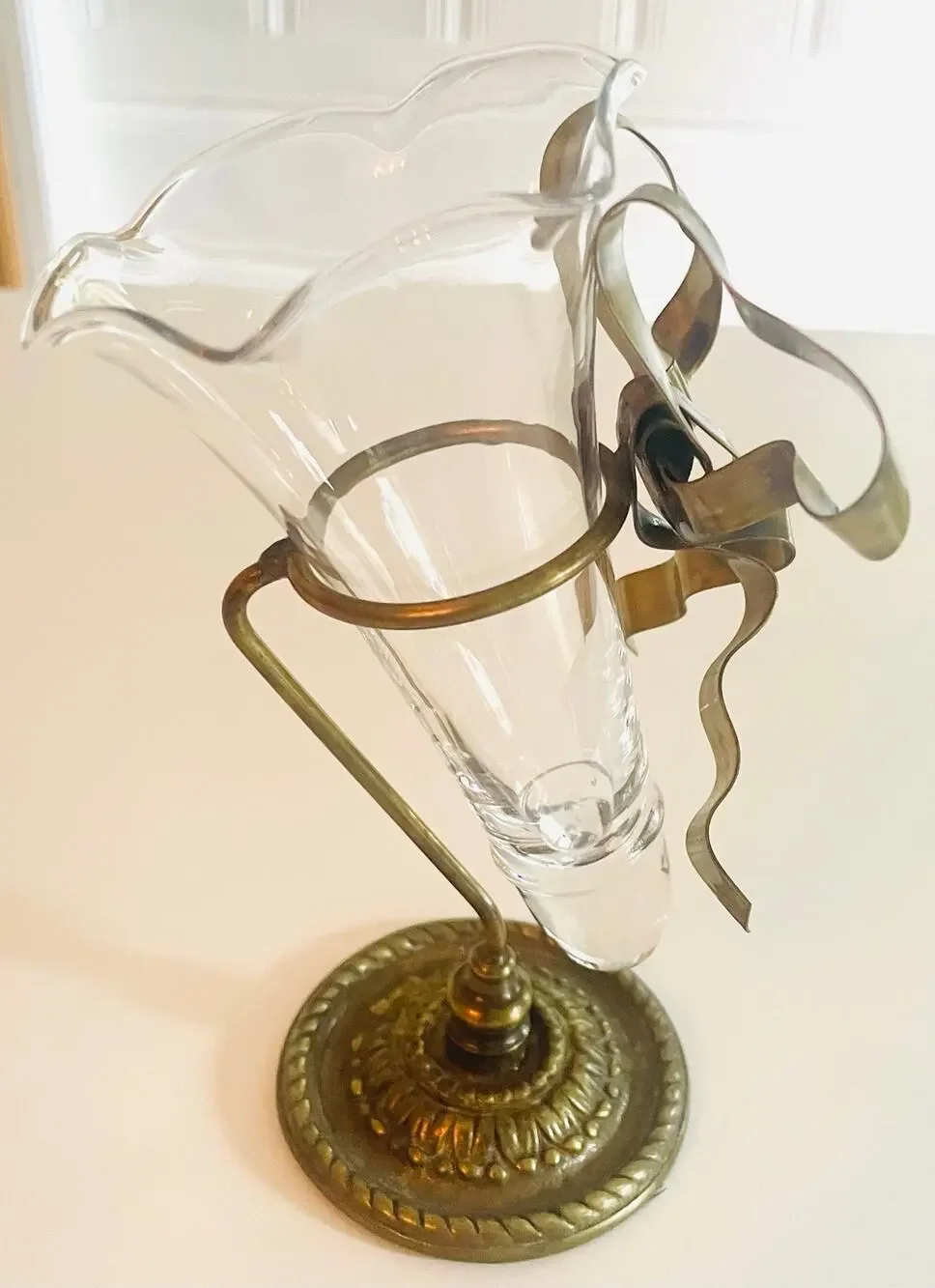Vintage Petites Choses Brass Ribbon & Glass Bud Vase Trumpet Flute 6.5